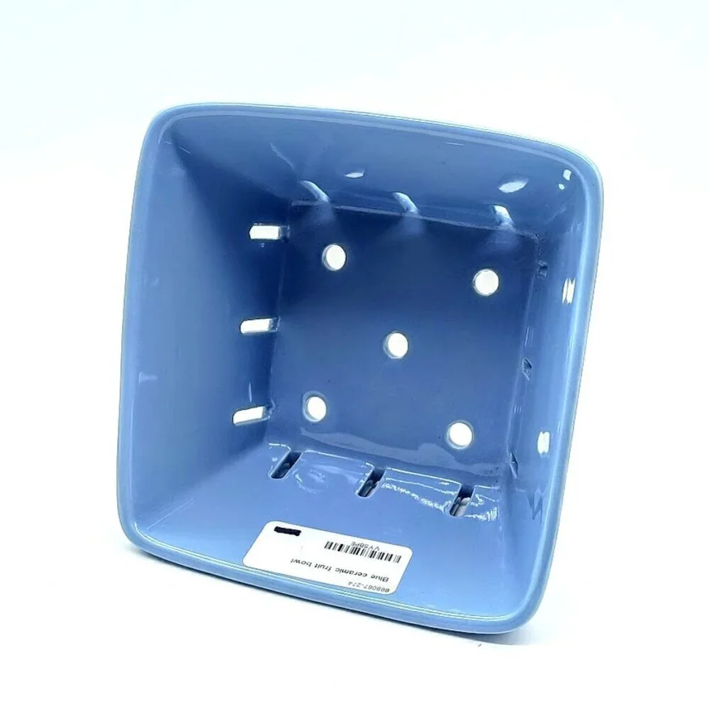 Crate & Barrel Blue Square Ceramic Berry Fruit Basket Colander